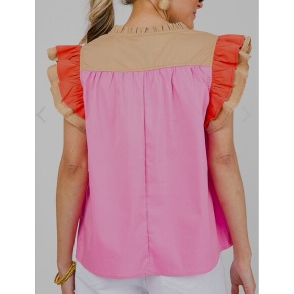 NWT Voy Kendra Colorblock Poplin Ruffle Sleeve Top In Pink~Khaki~Orange ~ SMALL - Picture 5 of 9
